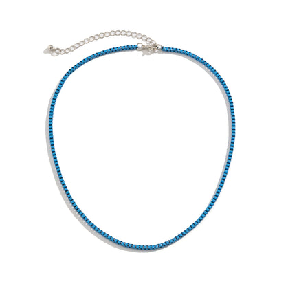 Blue Enamel and Silver-Plated Box Chain Necklace, silver pendant necklace for women, everyday style, styled look
