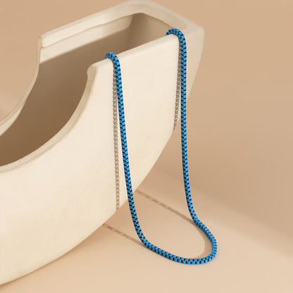 Blue Enamel and Silver-Plated Box Chain Necklace, silver pendant necklace for women, everyday style, detail close-up