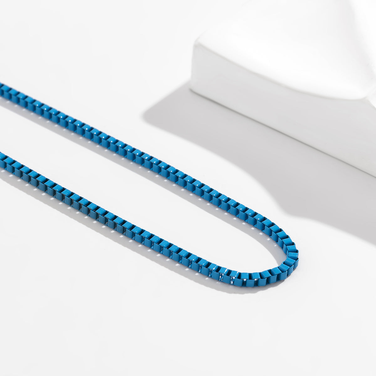 Blue Enamel and Silver-Plated Box Chain Necklace, silver pendant necklace for women, everyday style, lifestyle look