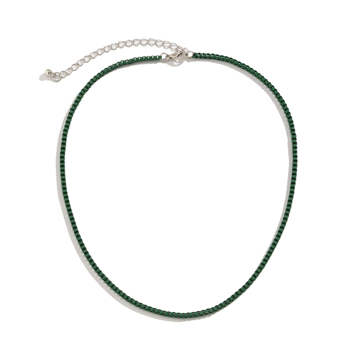 Green Enamel and Silver-Plated Box Chain Necklace, silver pendant necklace for women, everyday style, styled look