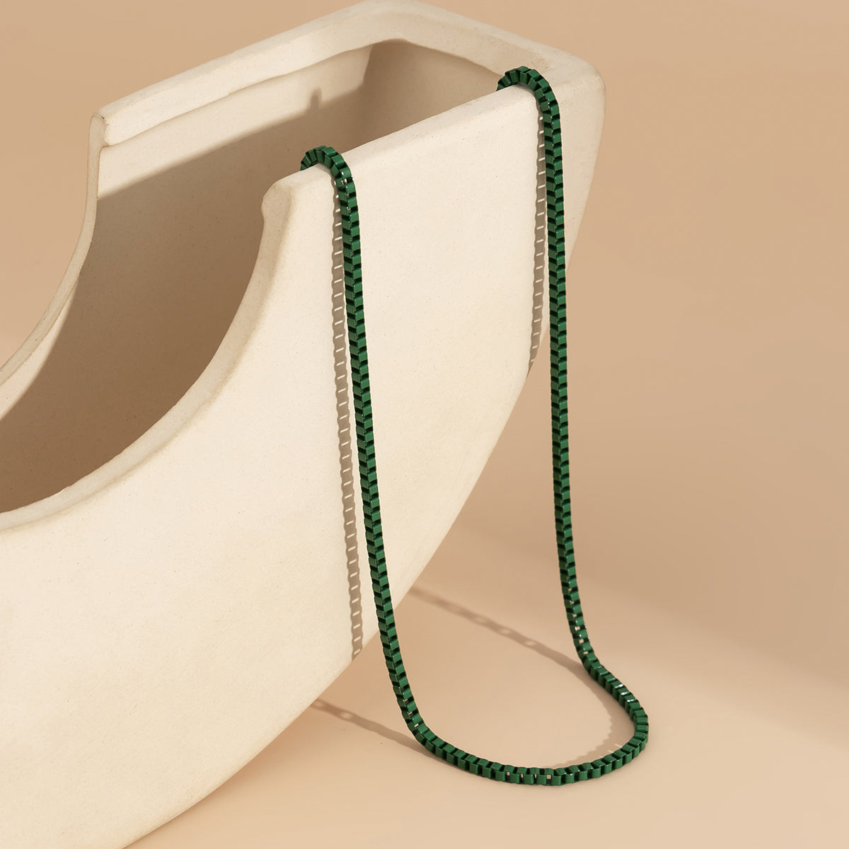 Green Enamel and Silver-Plated Box Chain Necklace, silver pendant necklace for women, everyday style, detail close-up