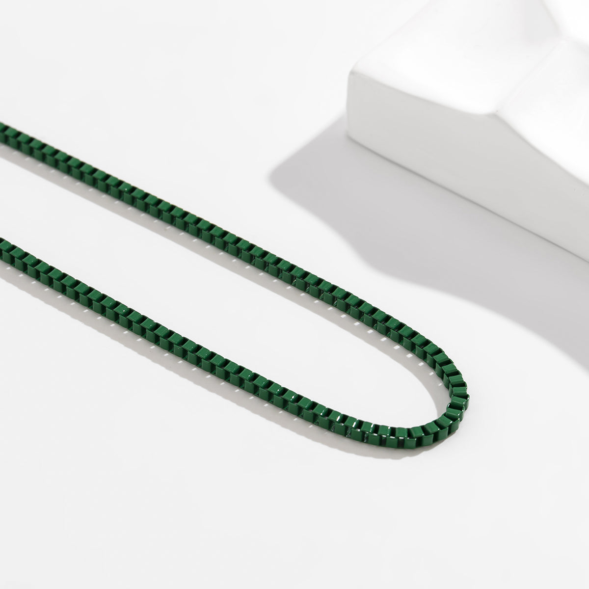 Green Enamel and Silver-Plated Box Chain Necklace, silver pendant necklace for women, everyday style, lifestyle look