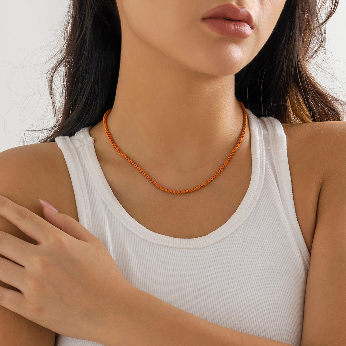 Orange Enamel and Silver-Plated Box Chain Necklace, silver pendant necklace for women, dainty minimalist design, front view