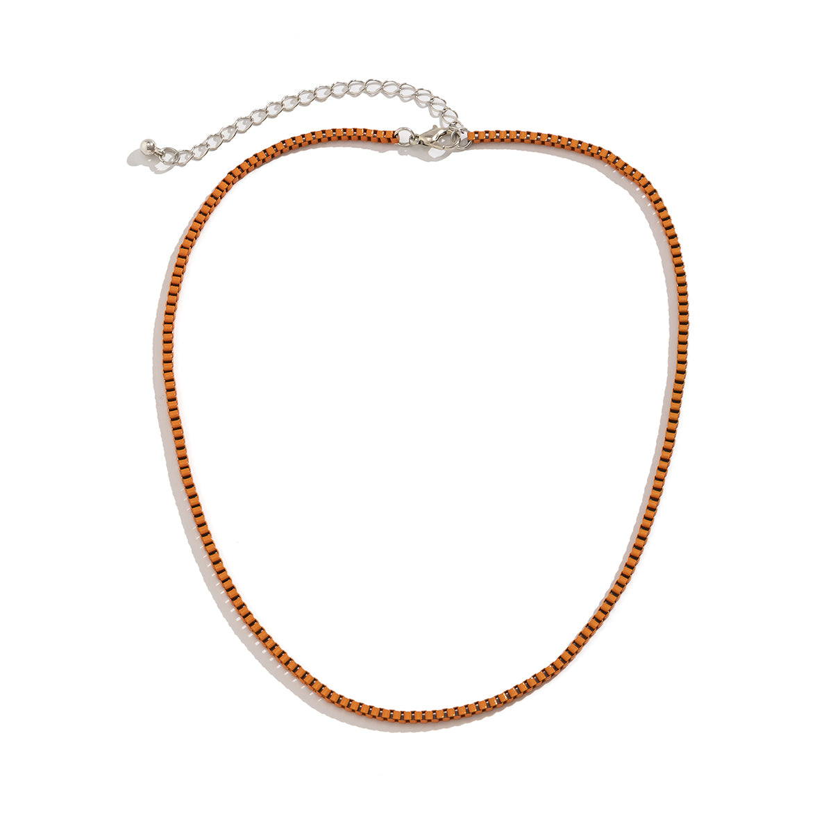 Orange Enamel and Silver-Plated Box Chain Necklace, silver pendant necklace for women, dainty minimalist design, styled look