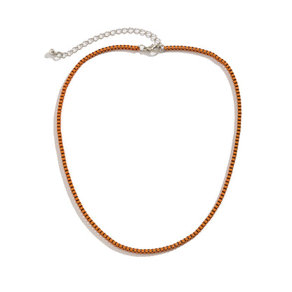 Orange Enamel and Silver-Plated Box Chain Necklace, silver pendant necklace for women, dainty minimalist design, styled look