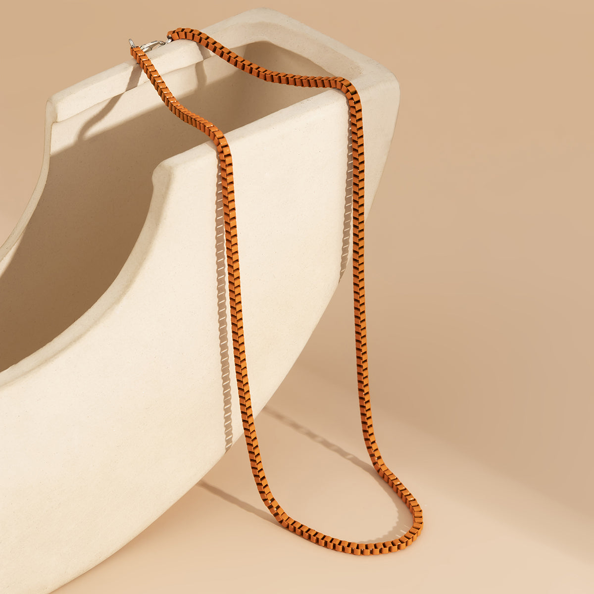 Orange Enamel and Silver-Plated Box Chain Necklace, silver pendant necklace for women, detail close-up