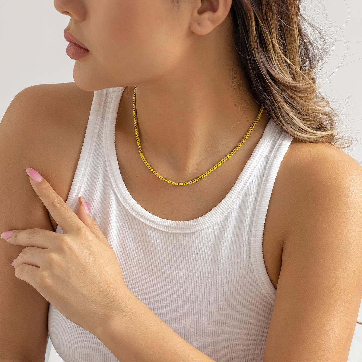 Yellow and Silver-Plated Box Chain Necklace, silver pendant necklace for women, botanical inspired, lifestyle look