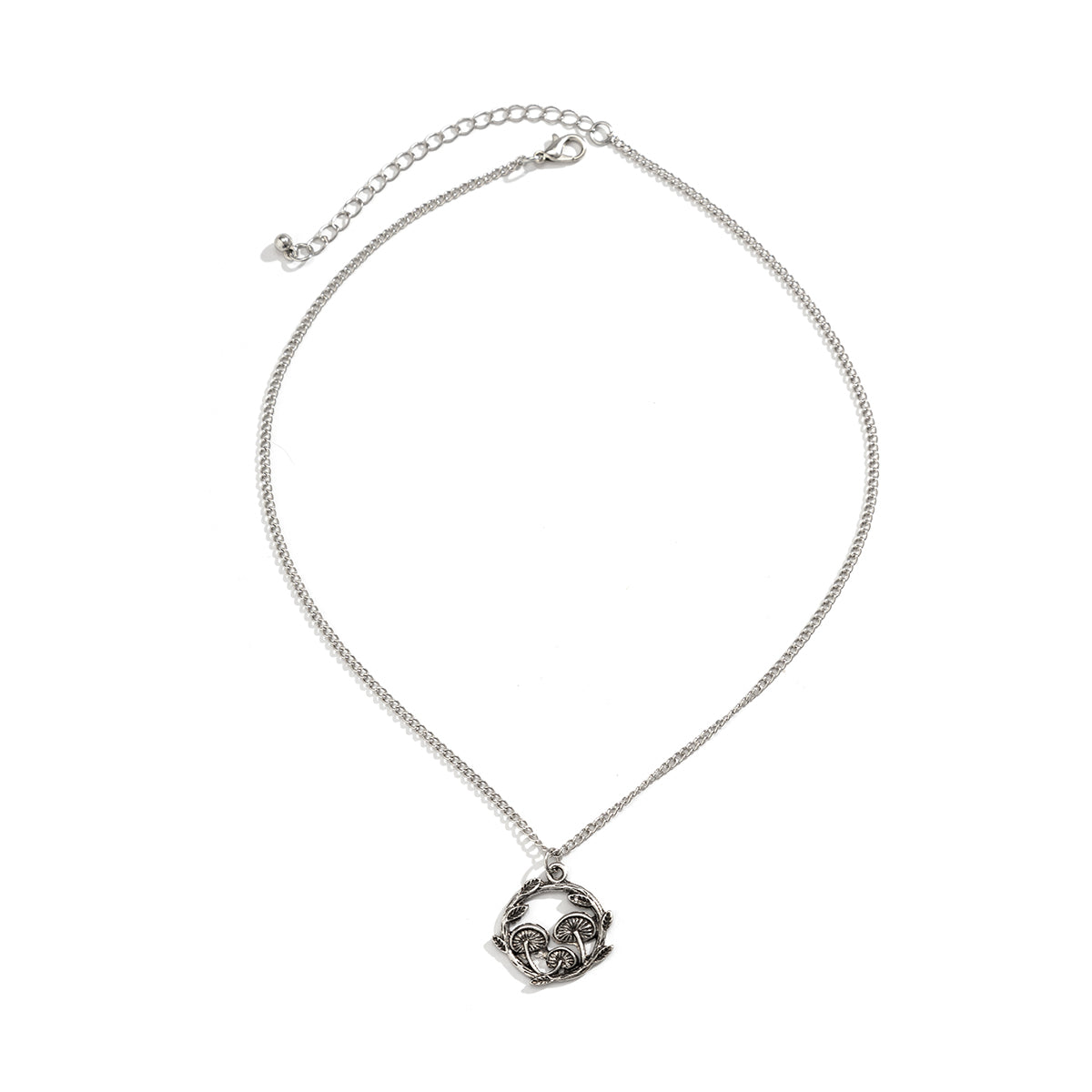 Silver-Plated Mushroom Cluster Pendant Necklace, silver pendant necklace for women, everyday style, detail close-up