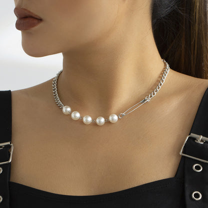 Pearl and Silver-Plated Pin Choker Necklace, silver pendant necklace for women, botanical inspired, side view