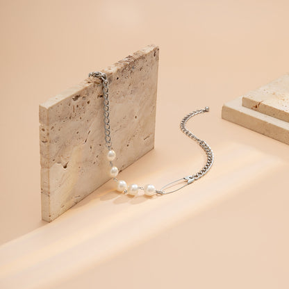 Pearl and Silver-Plated Pin Choker Necklace, silver pendant necklace for women, botanical inspired, detail close-up