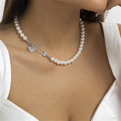 Pearl & Silver-Plated Heart Pin Necklace
