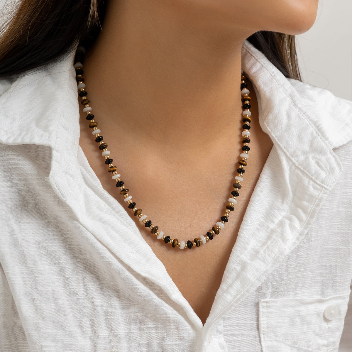 Black Resin and 18K Gold-Plated Beaded Chain Necklace, gold pendant necklace for women, vintage-inspired design, front view