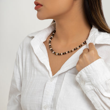 Black Resin and 18K Gold-Plated Beaded Chain Necklace, gold pendant necklace for women, vintage-inspired design, side view