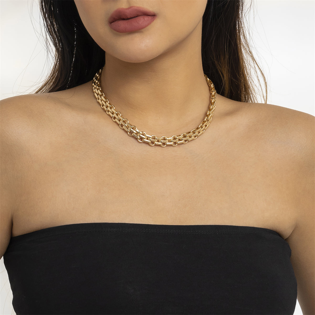 18K Gold-Plated Triple-Link Chain, gold pendant necklace for women, vintage-inspired design, front view