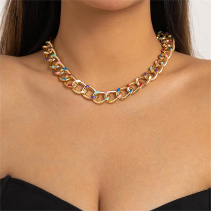 Blue Enamel and 18K Gold-Plated Multicolor Dot Curb Chain Necklace, gold pendant necklace for women, front view