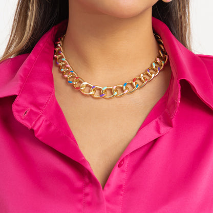 Blue Enamel and 18K Gold-Plated Multicolor Dot Curb Chain Necklace, gold pendant necklace for women, side view