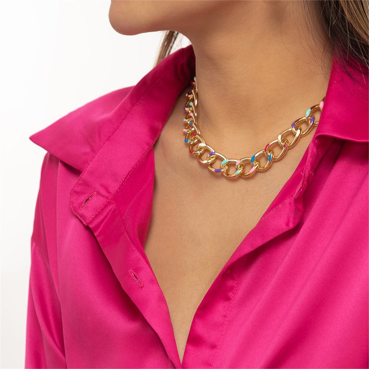 Blue Enamel and 18K Gold-Plated Multicolor Dot Curb Chain Necklace, gold pendant necklace for women, detail close-up