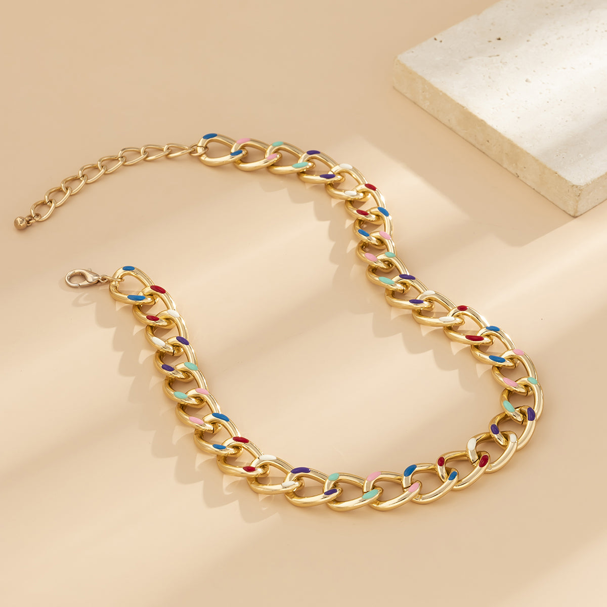 Blue Enamel and 18K Gold-Plated Multicolor Dot Curb Chain Necklace, gold pendant necklace for women, styled look