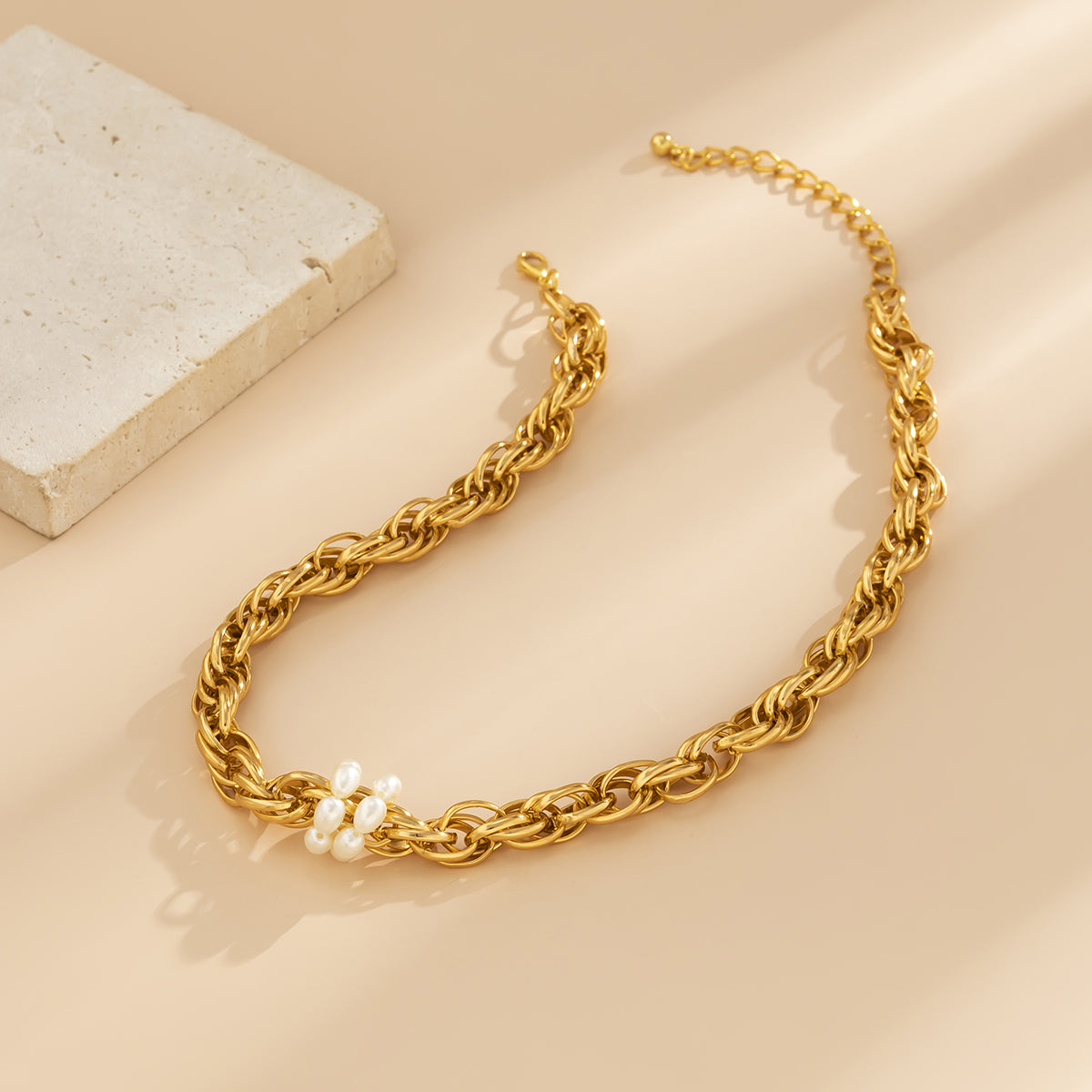 Pearl and 18K Gold-Plated Rope Chain Bead Choker Necklace, gold pendant necklace for women, everyday style, styled look
