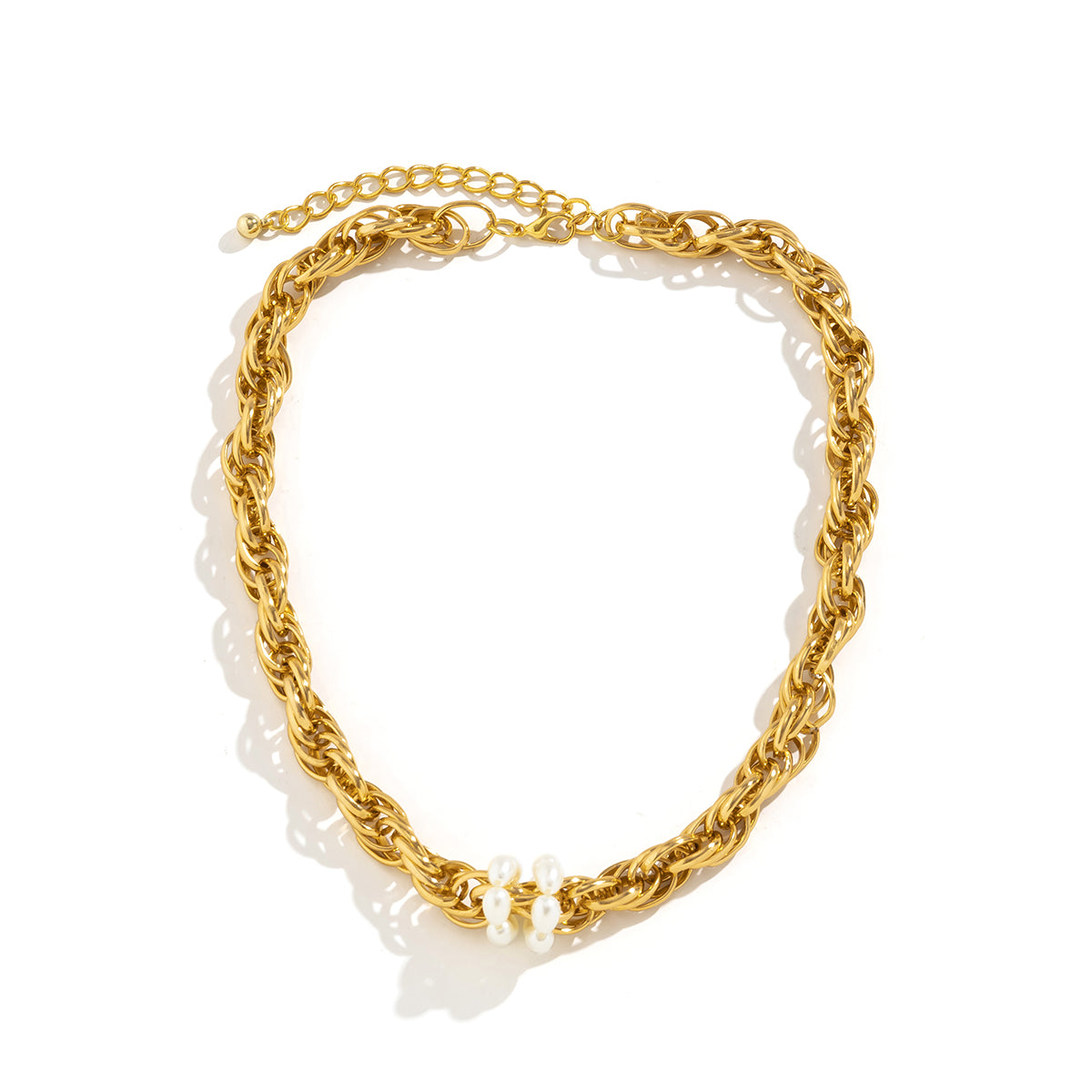 Pearl and 18K Gold-Plated Rope Chain Bead Choker Necklace, gold pendant necklace for women, everyday style, detail close-up