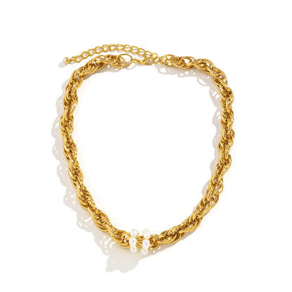Pearl and 18K Gold-Plated Rope Chain Bead Choker Necklace, gold pendant necklace for women, everyday style, detail close-up
