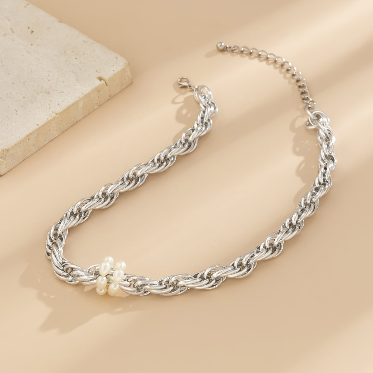 Pearl and Silver-Plated Rope Chain Bead Choker Necklace, silver pendant necklace for women, lifestyle look