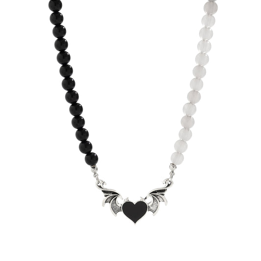 Black Quartz and Enamel Silver-Plated Winged Heart Pendant Necklace, silver pendant necklace for women, front view