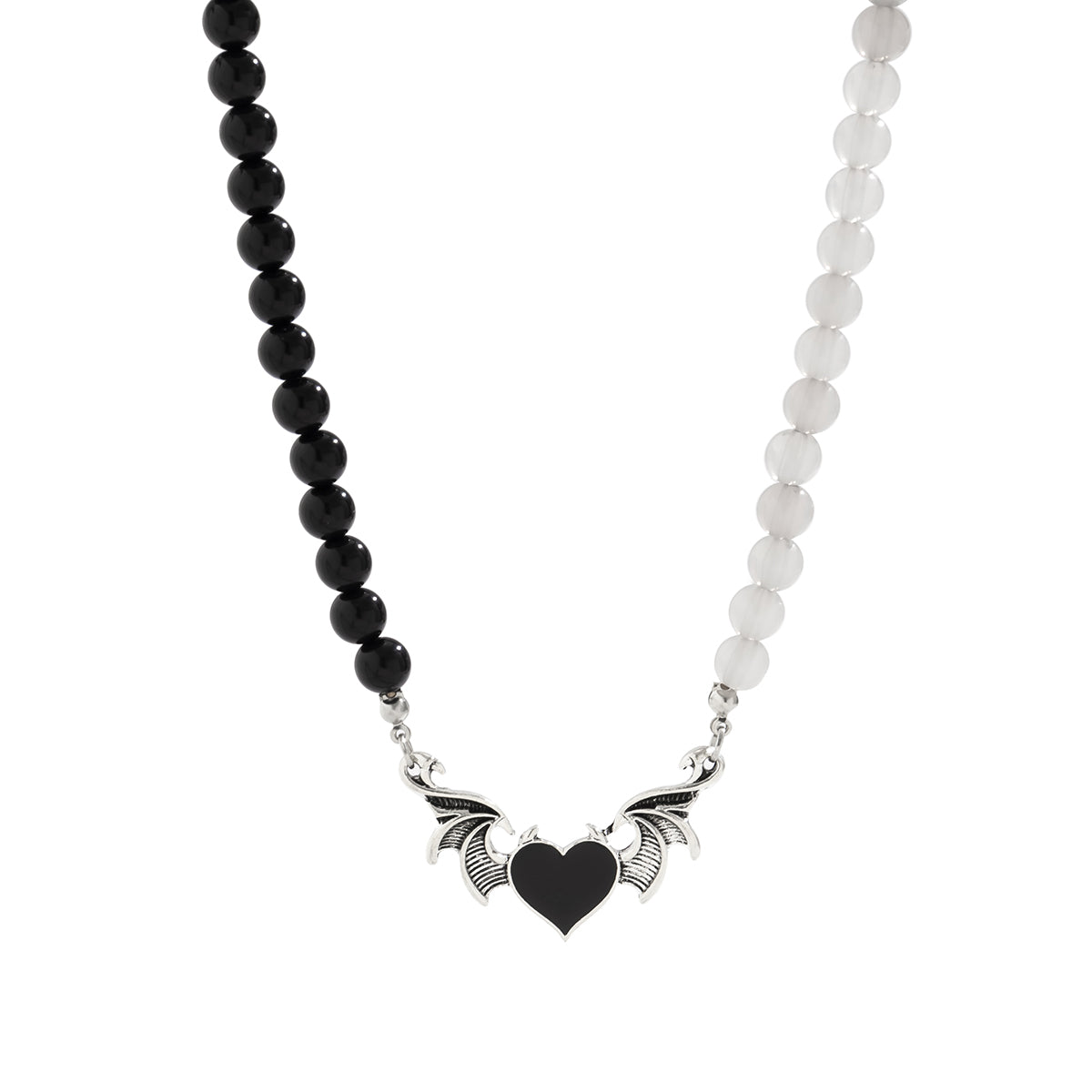 Black Quartz & Enamel Silver-Plated Winged Heart Pendant Necklace
