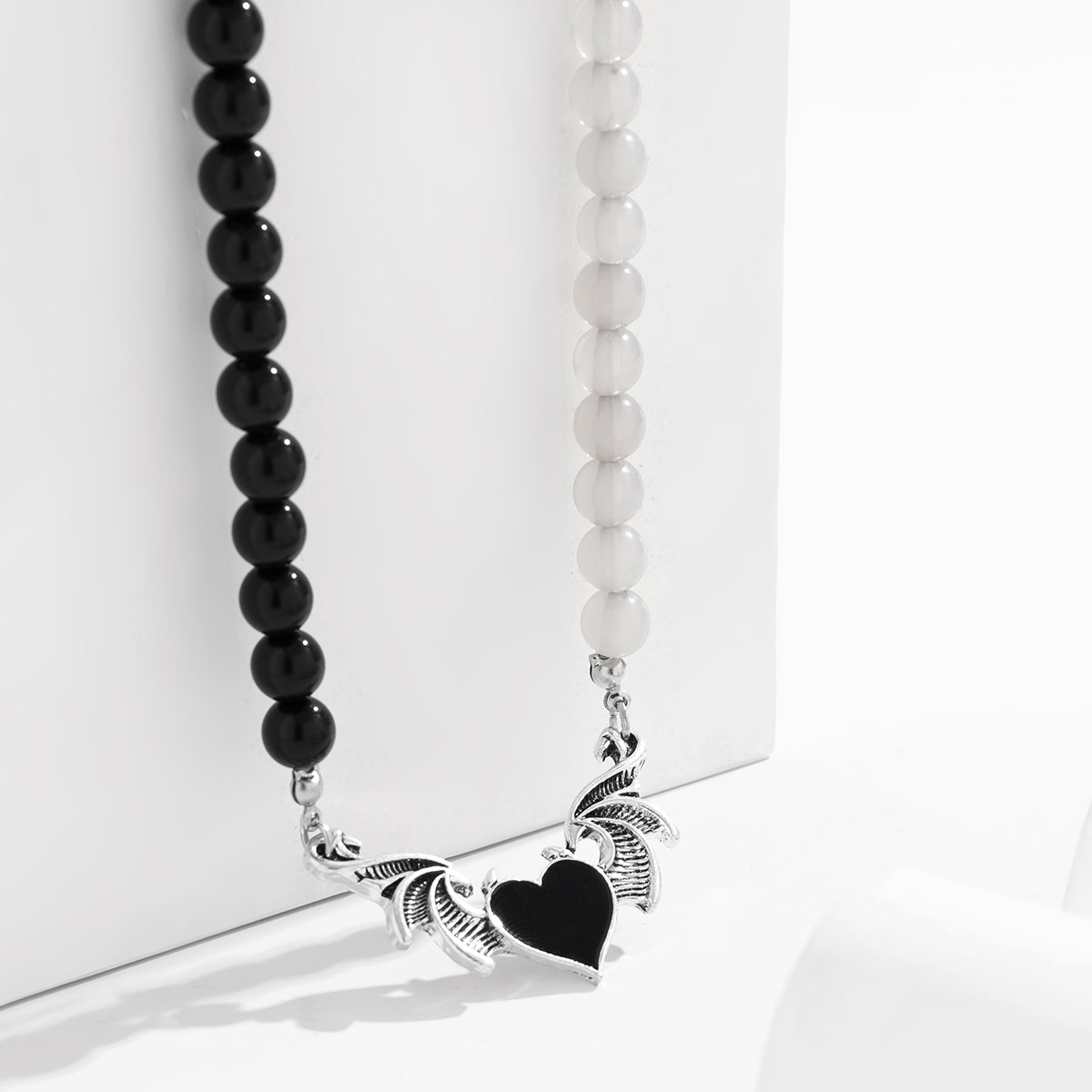 Black Quartz & Enamel Silver-Plated Winged Heart Pendant Necklace