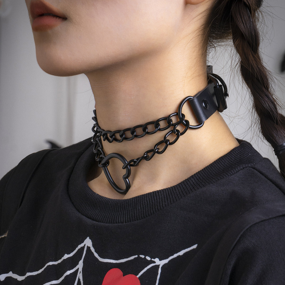 Black Heart Layered Choker Necklace, chunky choker necklace, everyday style, front view