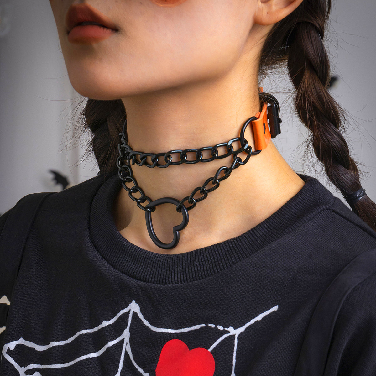Orange and Black Plated Heart Layered Choker Necklace, chunky choker necklace, everyday style, front view