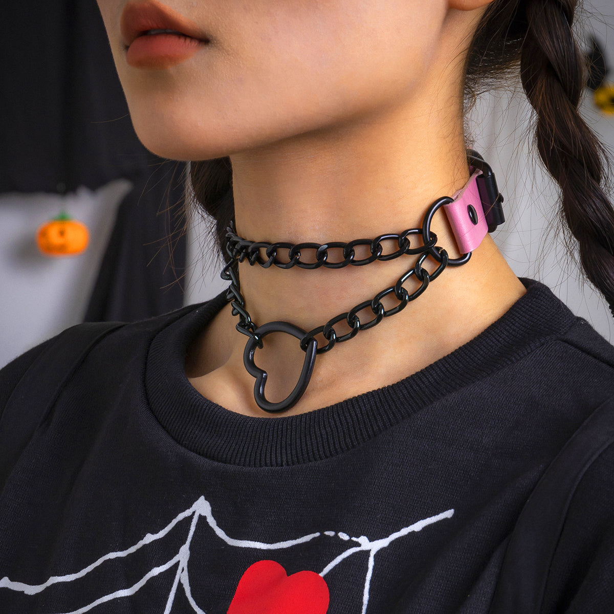 Pink and Black Heart Layered Choker Necklace, chunky choker necklace, botanical inspired, front view