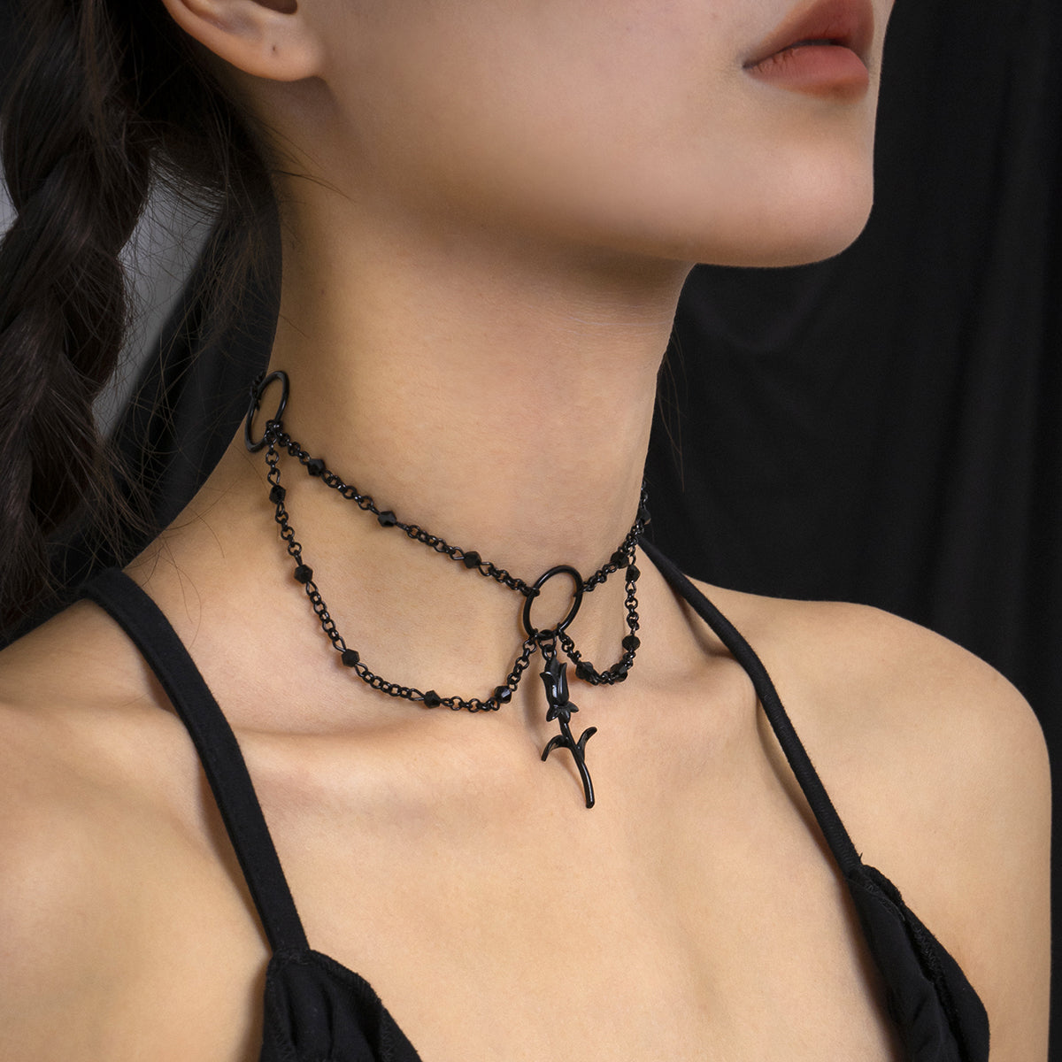 Black Rose Layered Choker Necklace, chunky choker necklace, everyday style, front view