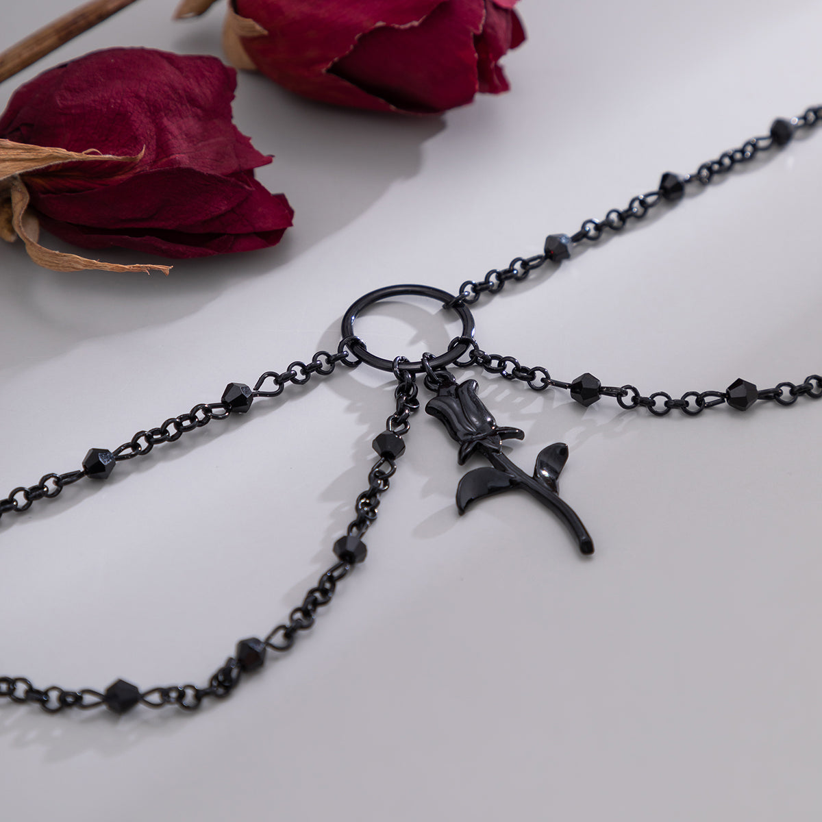 Black Rose Layered Choker Necklace, chunky choker necklace, everyday style, detail close-up