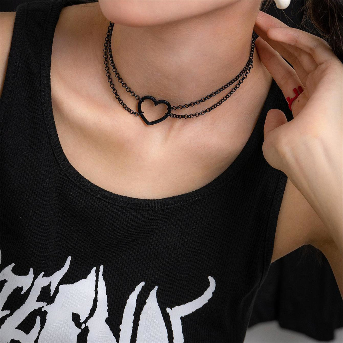 Black Heart Layered Choker Necklace