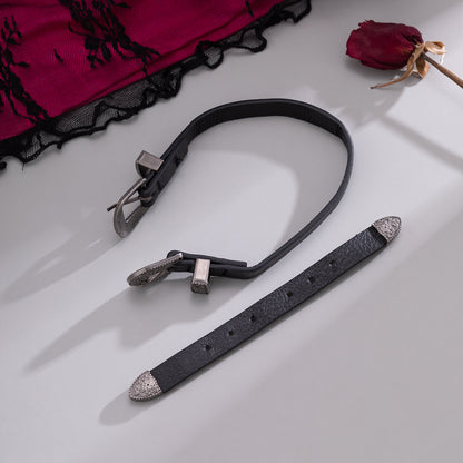 Black Polyurethane and Silver-Plated Buckle Choker Necklace, chunky silver choker necklace, detail close-up