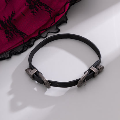 Black Polyurethane and Silver-Plated Buckle Choker Necklace, chunky silver choker necklace, lifestyle look