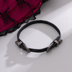 Black Polyurethane & Silver-Plated Buckle Choker Necklace