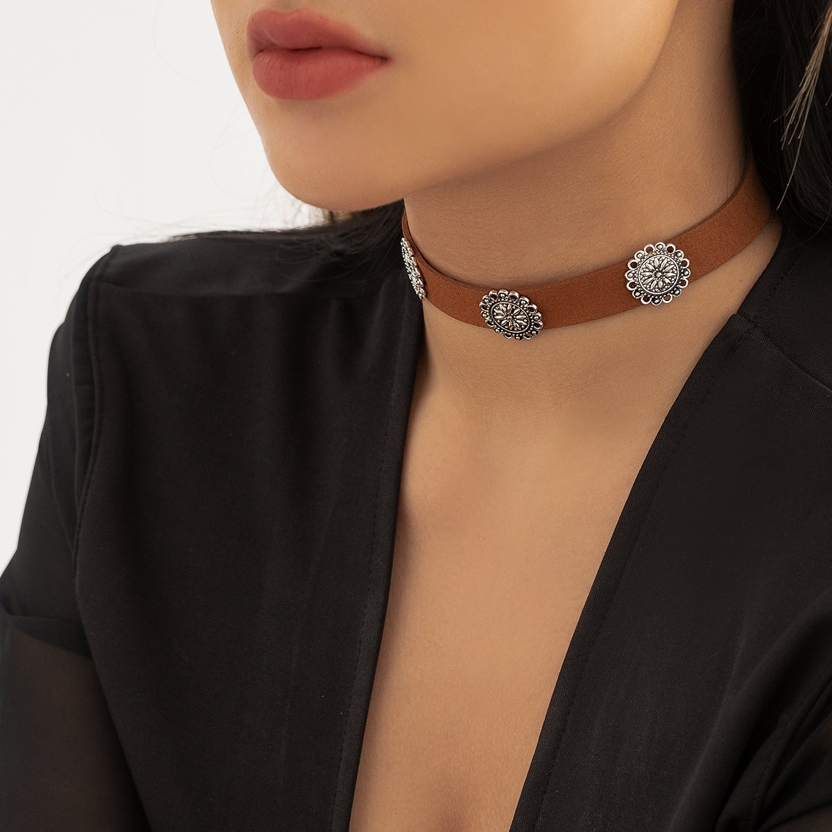 Brown Polystyrene & Silver-Plated Sunflower Station Choker Necklace