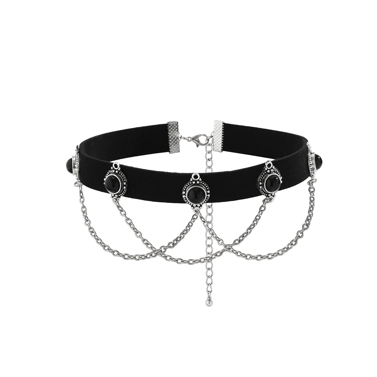 Black Polyester & Resin Silver-Plated Chain-Layered Choker