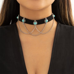 Turquoise & Silver-Plated Layered Choker Necklace
