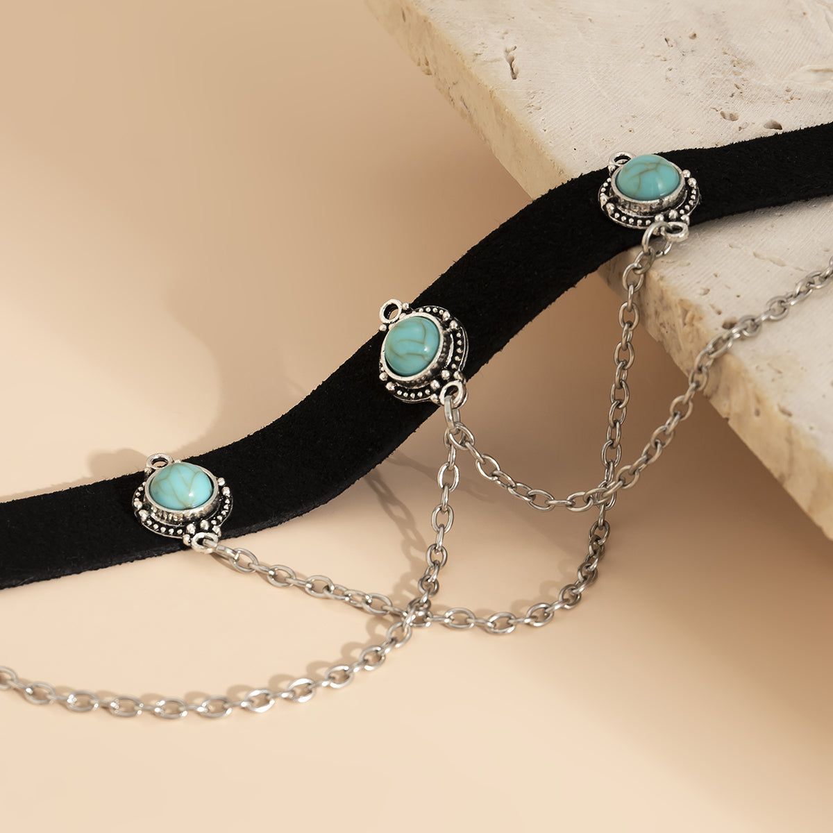 Turquoise & Silver-Plated Layered Choker Necklace