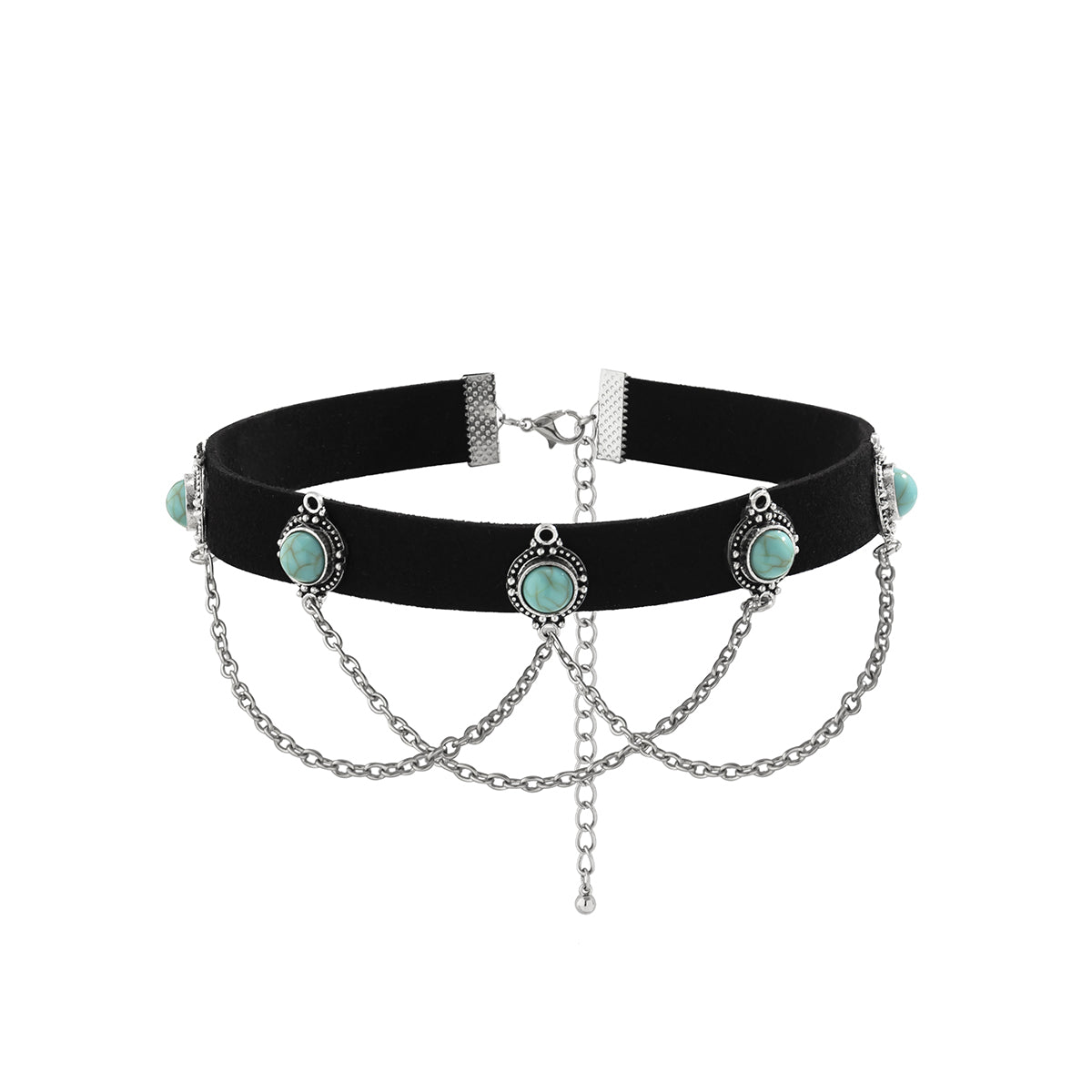 Turquoise & Silver-Plated Layered Choker Necklace