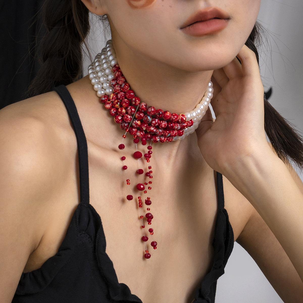 Quartz and Pearl Silver-Plated Fringe-Accent Layered Choker, chunky silver choker necklace, front view
