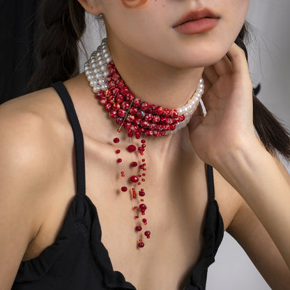 Quartz and Pearl Silver-Plated Fringe-Accent Layered Choker, chunky silver choker necklace, front view