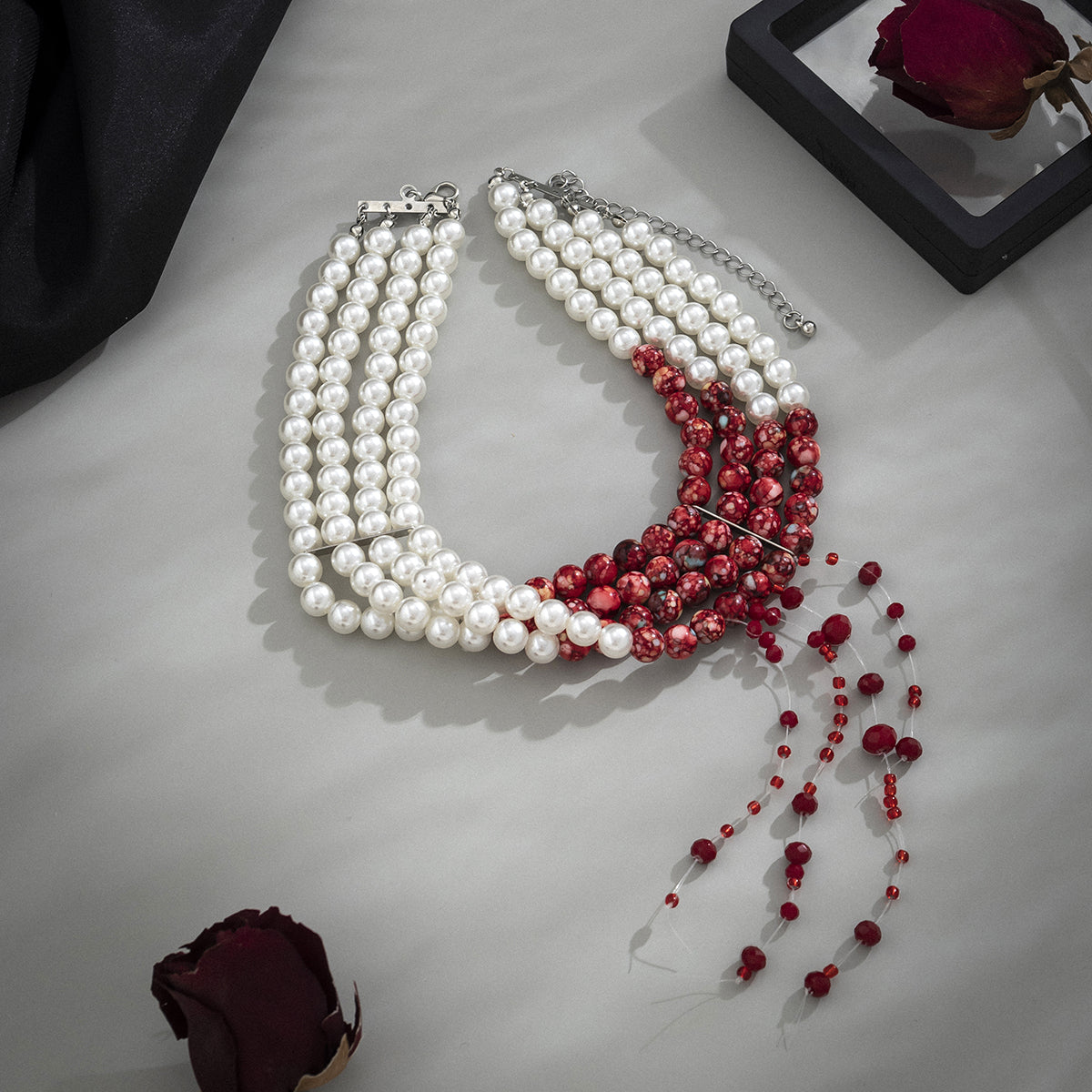 Quartz and Pearl Silver-Plated Fringe-Accent Layered Choker, chunky silver choker necklace, lifestyle look