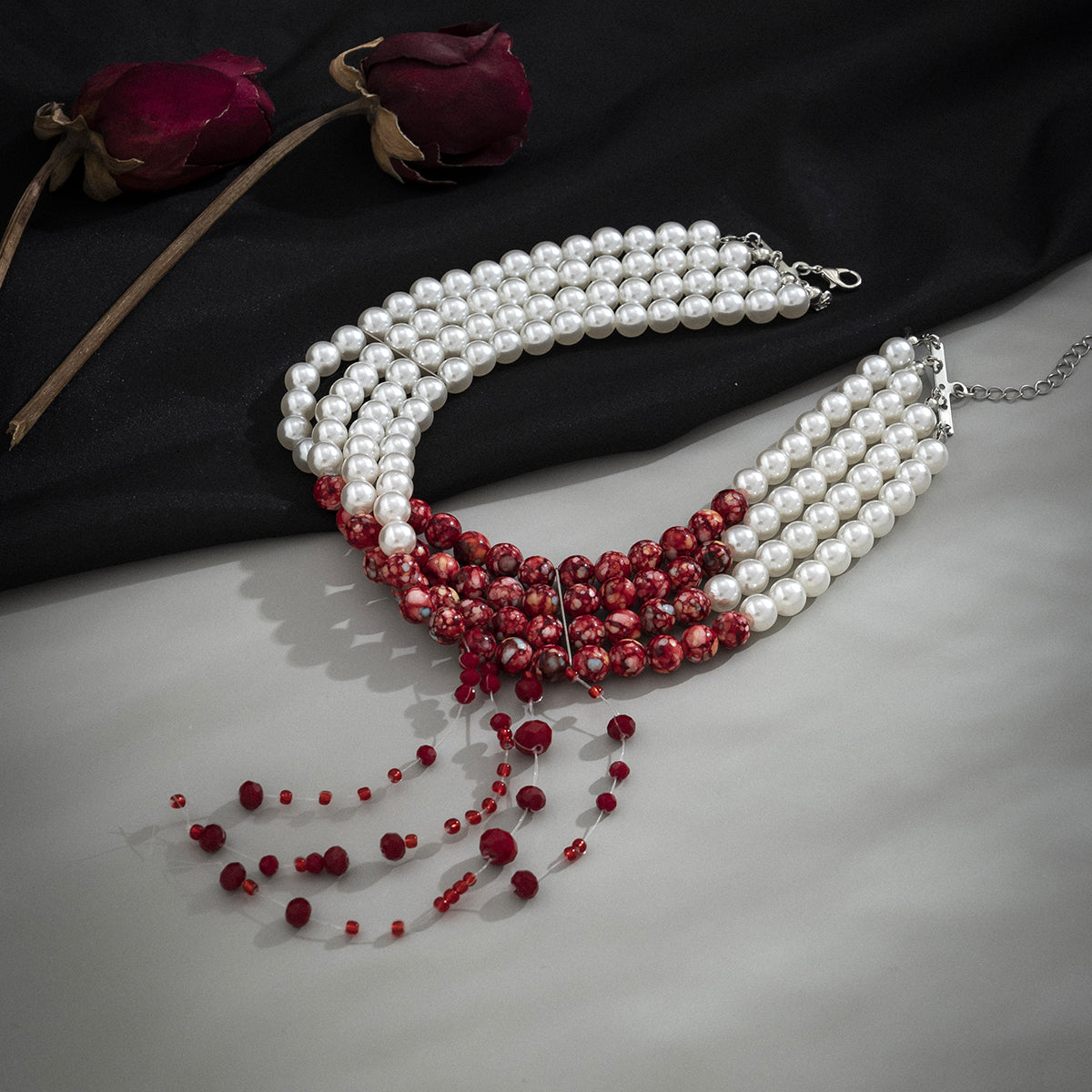 Quartz and Pearl Silver-Plated Fringe-Accent Layered Choker, chunky silver choker necklace, styled look