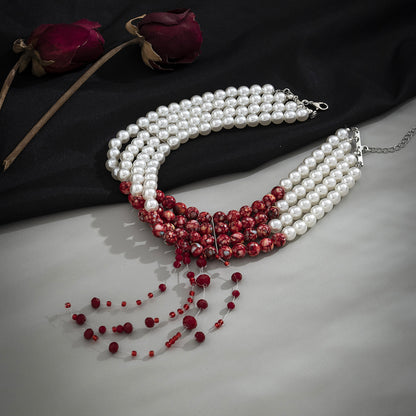 Quartz and Pearl Silver-Plated Fringe-Accent Layered Choker, chunky silver choker necklace, styled look