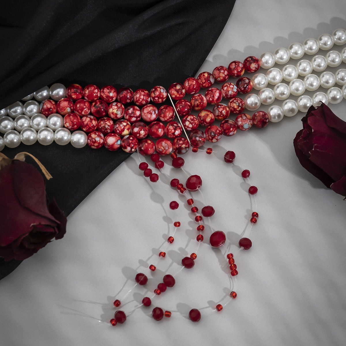 Quartz and Pearl Silver-Plated Fringe-Accent Layered Choker, chunky silver choker necklace, detail close-up