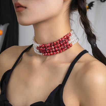 Quartz and Pearl Silver-Plated Layered Choker, chunky silver choker necklace, elegant gift for her, front view
